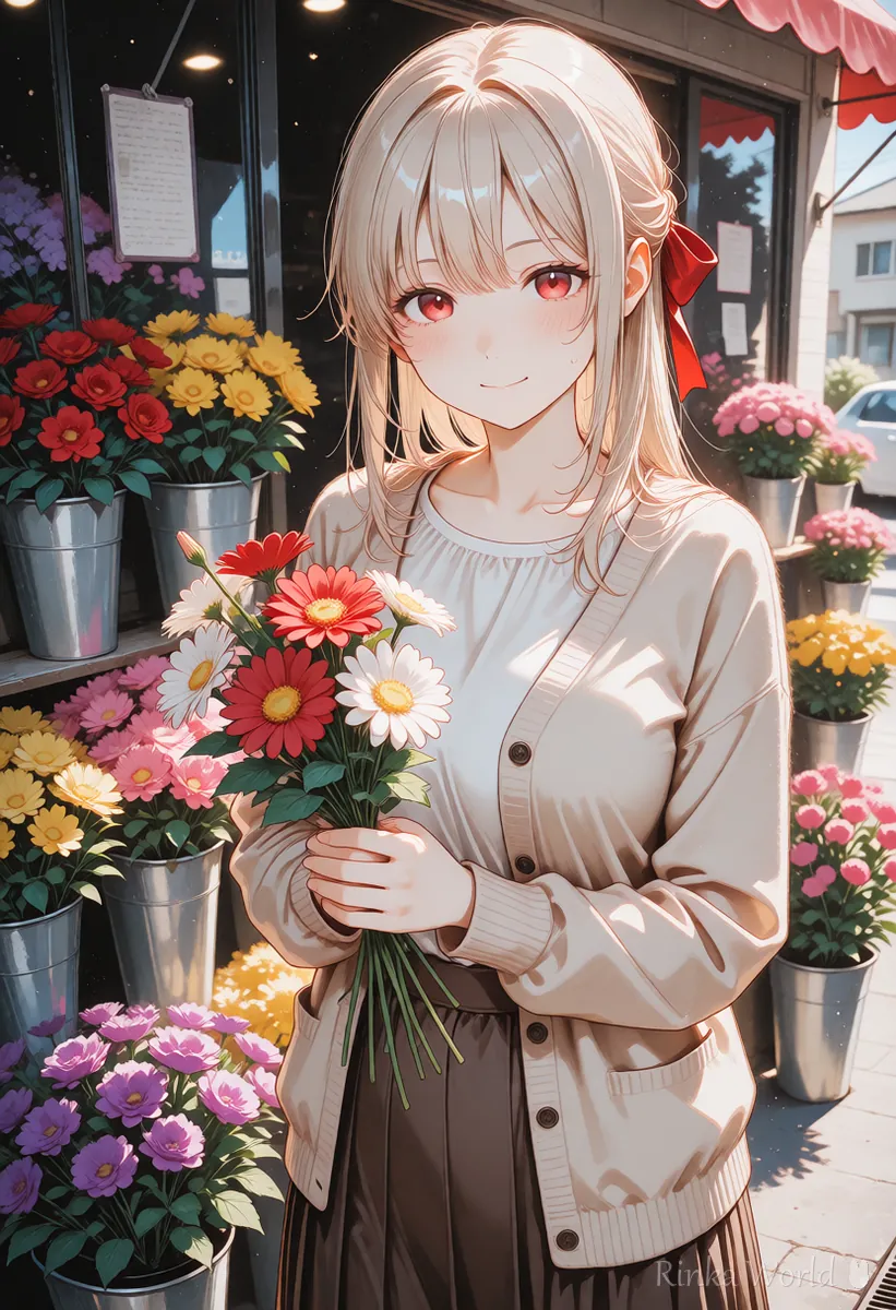 Anime girl smiling in front of a colorful flower shop, an image of clear, vivid colors
