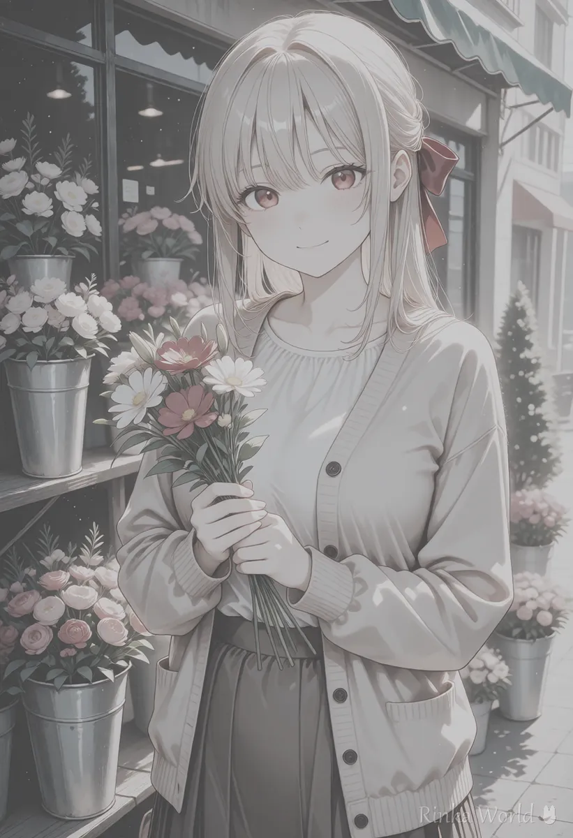 The same flower shop scene looking greyish and faded, an image of washed-out colors