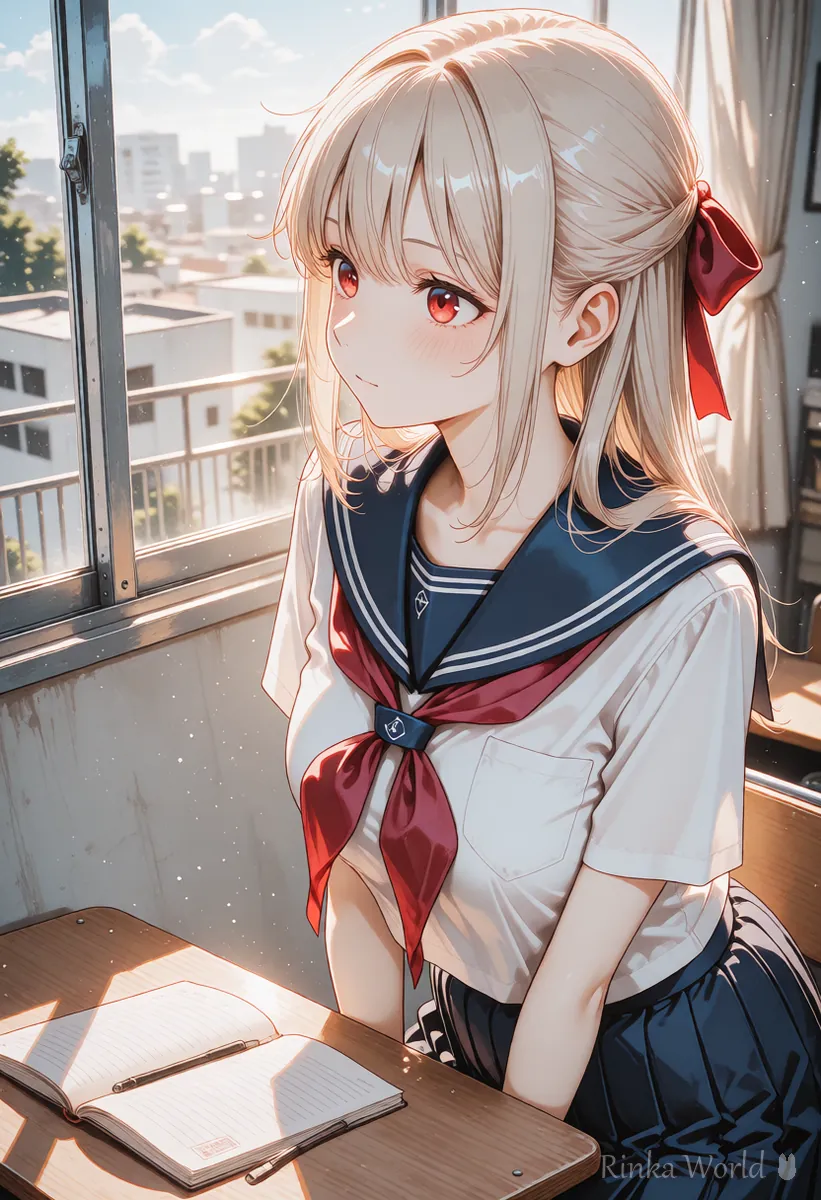 午後の日が差す教室で窓の外を見る制服の女の子、Veoで動画にする時の1コマ目のイメージ