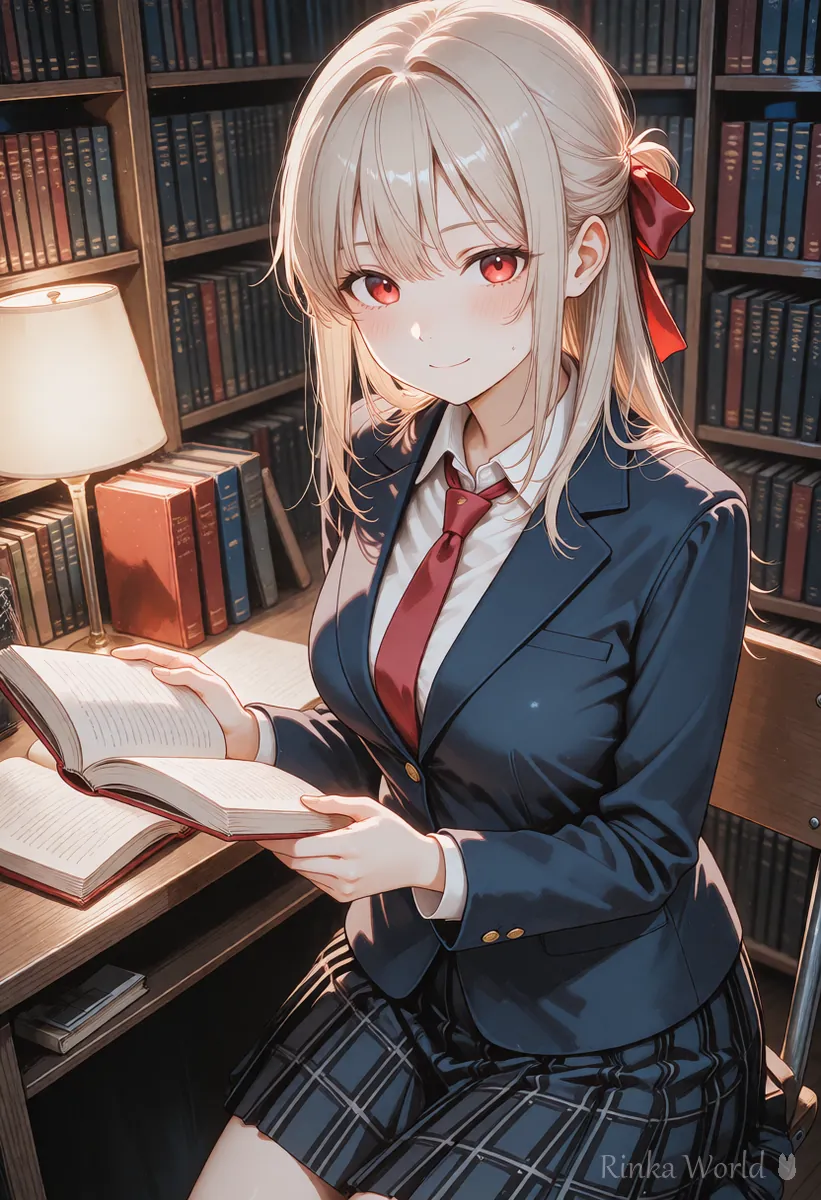 静かな図書館で本から顔を上げる女の子、Veoでセリフつきの動画にする場面のイメージ
