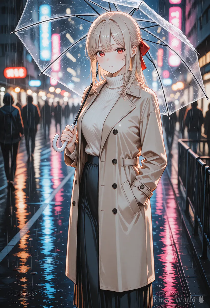 ネオンが映る雨の夜の通りで透明な傘をさす女の子、Veoで環境音つきの動画にする時の1コマ目のイメージ