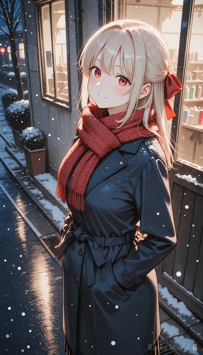 雪の降る街に立つ女の子の縦長の全身イラスト　縦型ショート動画の1コマ目の例