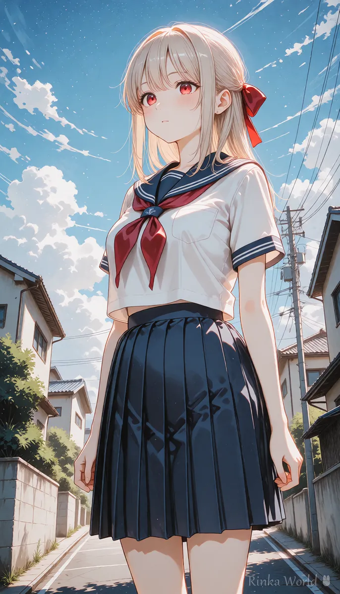 道の先に立つ女の子を見上げる縦長のアニメイラスト　カメラが上へ動く縦型動画の例