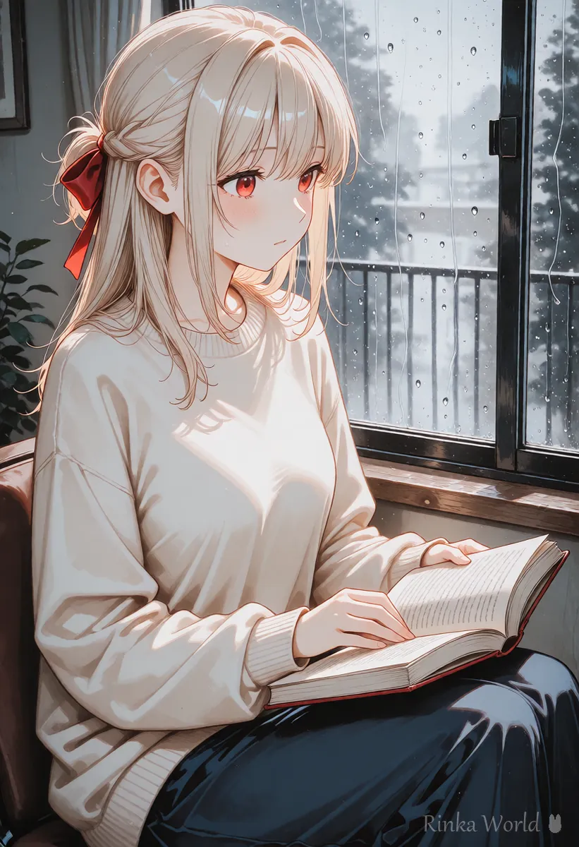 雨の窓辺で本を読む女の子のイラスト、固定カメラの動画の例