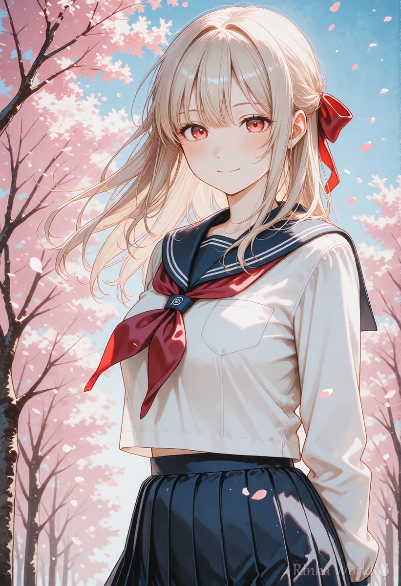 桜の花びらが舞う中でほほえむアニメの女の子、Viduでアニメを動かす1コマ目