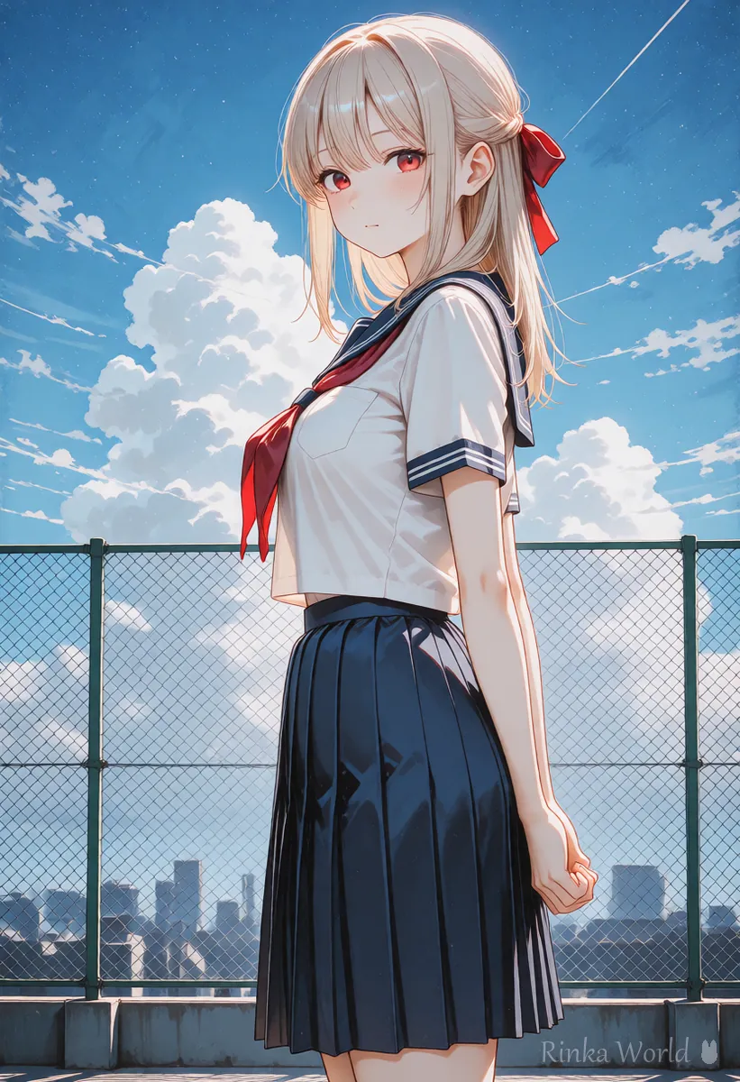 学校の屋上に立つセーラー服の女の子と夏の青空、アニメ調の動画の例