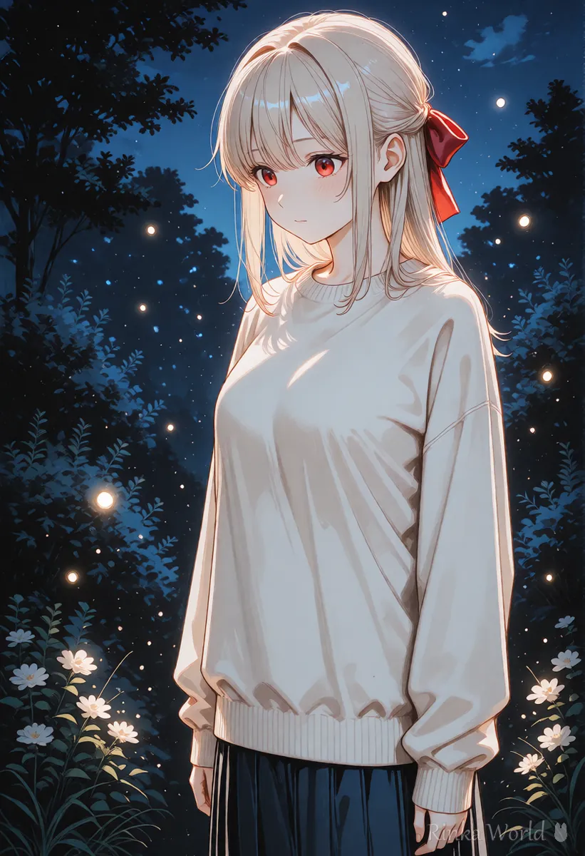 光の粒がただよう夜の庭にいるアニメの女の子、幻想的な動画の1コマ目