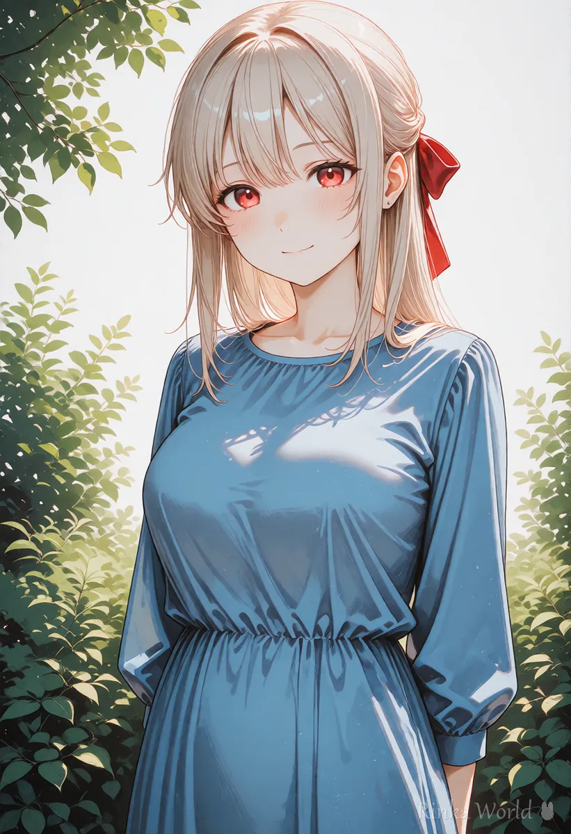 青いワンピースの女の子のアニメイラスト　同じ構図で服の色だけが変わった例の2枚目