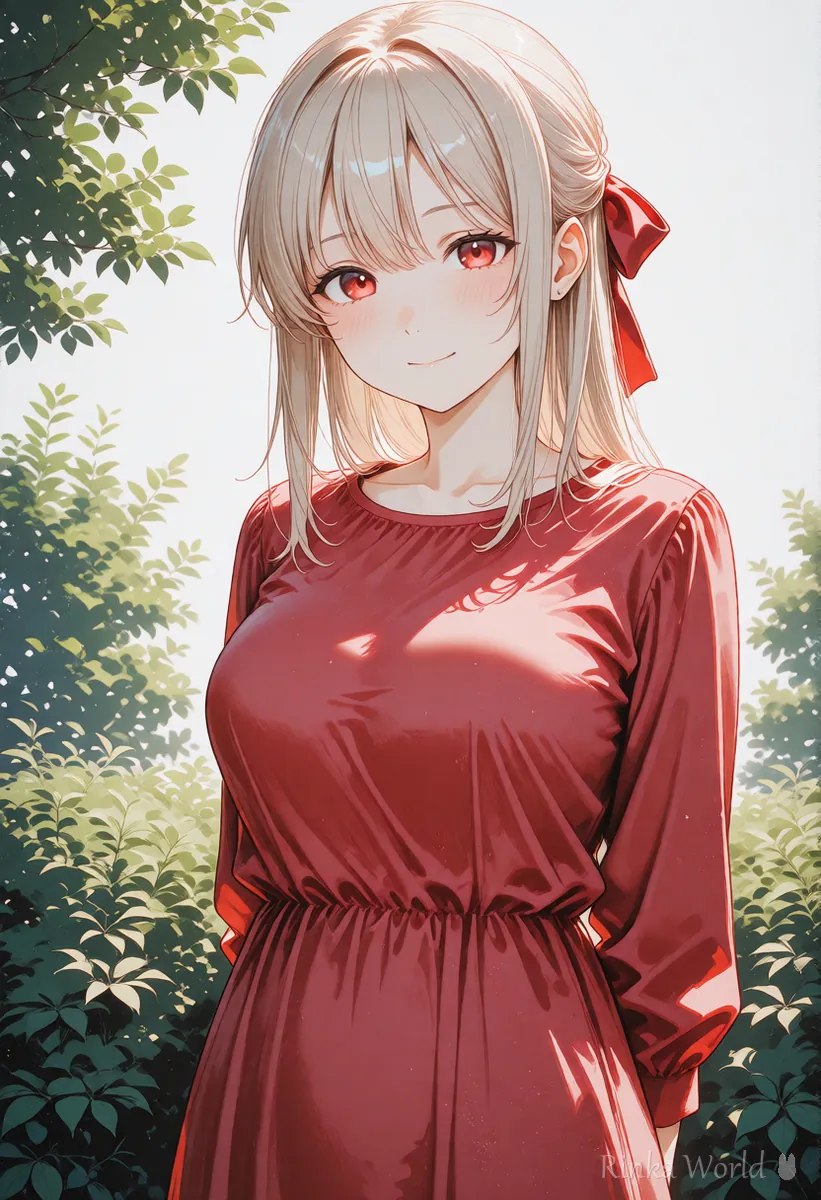 赤いワンピースの女の子のアニメイラスト　ワイルドカードで服の色を入れかえた例の1枚目