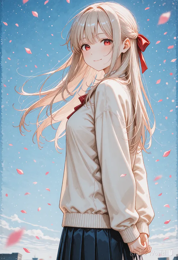 花びらが舞う中で見返る、風になびく髪の作例｜Example of very long hair blowing in the wind with petals, looking back