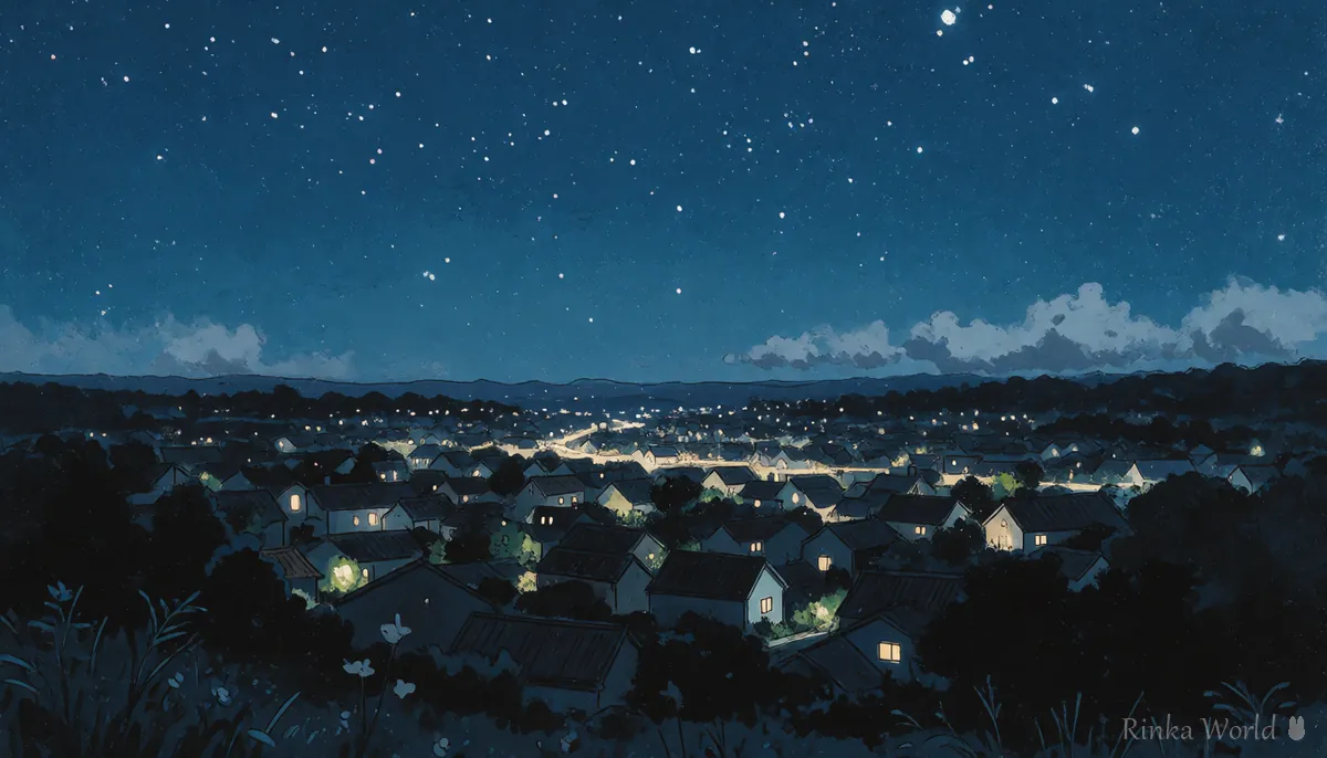 明かりがともる夜の街並みと星空の横長パノラマのイラスト　落ち着いたヘッダー画像の例