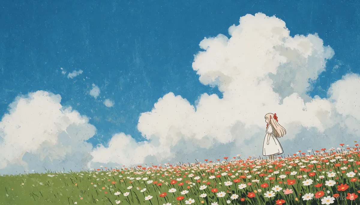 青空の花畑の右側に小さく立つ女の子の横長イラスト　ヘッダーでアイコンを避ける配置