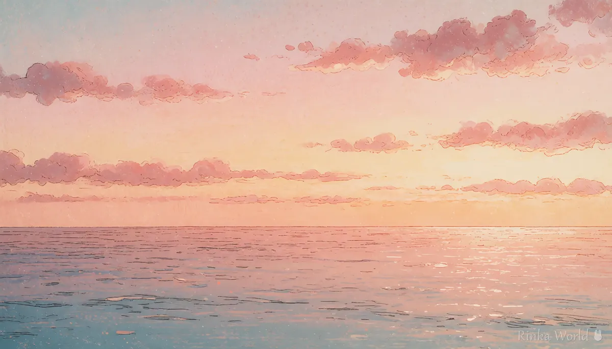 夕焼けのグラデーションの空と静かな海が広がる横長の風景イラスト　Xのヘッダー画像の参考