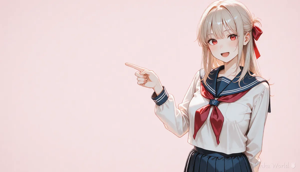 Anime girl pointing at empty space on the left, a thumbnail layout example